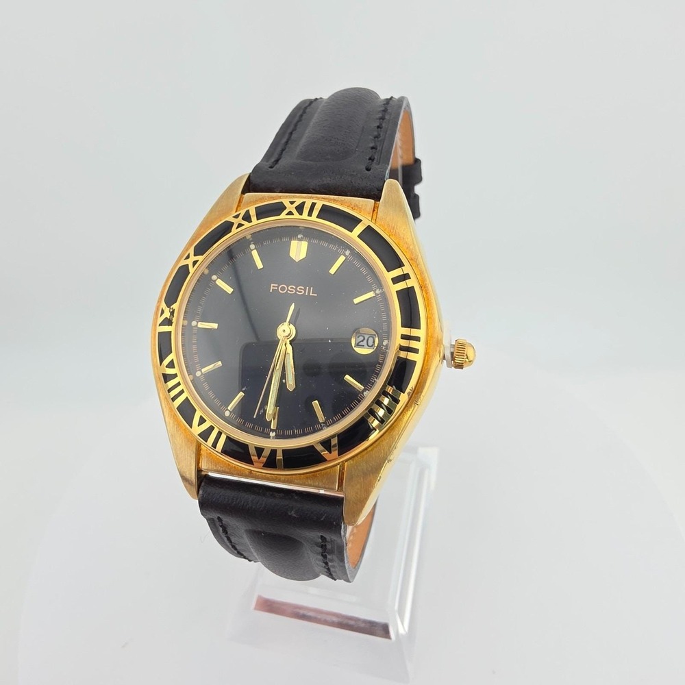 Vtg 1990s FOSSIL Watch TM-6276 Date Window Black Leather Unisex Gold Plate 8"